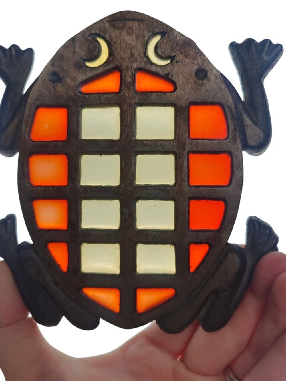 Vintage Cast Iron Stained Glass Frog Trivet Suncatcher MCM 6"